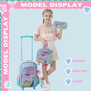 ZBAOGTW Mermaid Rolling Backpack for Girls with Lunch Box Kids Backpack with Wheels for School Sequin Rolling Backpack for Kindergarten Girls Trolley Trips Kids Luggage