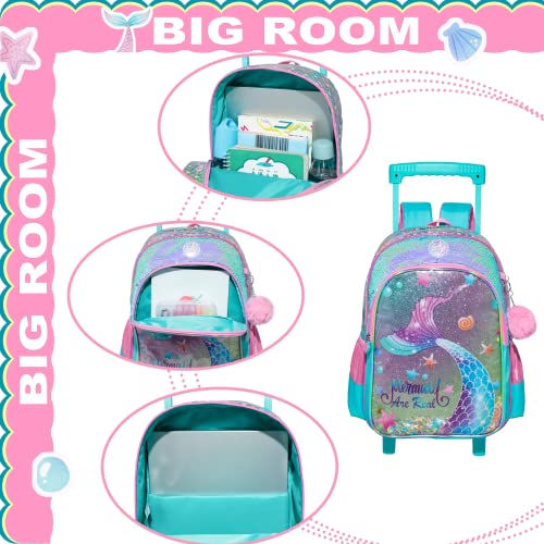 ZBAOGTW Mermaid Rolling Backpack for Girls with Lunch Box Kids Backpack with Wheels for School Sequin Rolling Backpack for Kindergarten Girls Trolley Trips Kids Luggage