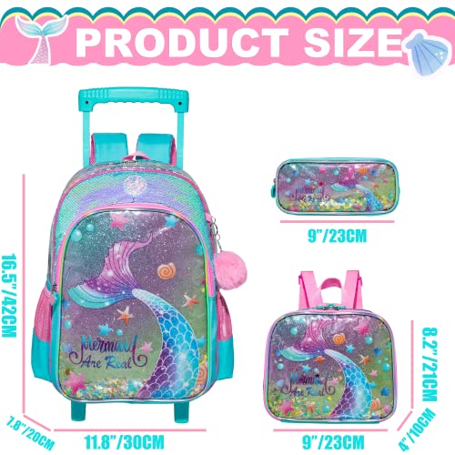 ZBAOGTW Mermaid Rolling Backpack for Girls with Lunch Box Kids Backpack with Wheels for School Sequin Rolling Backpack for Kindergarten Girls Trolley Trips Kids Luggage