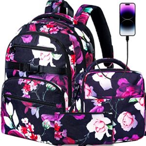 FTJCF Laptop Backpack, 16 Inch School Bag College Bookbag, Anti Theft Daypack Bags and Lunch Bag Set, Water Resistant Rose Backpacks for Teens Girls Women Students (Black)