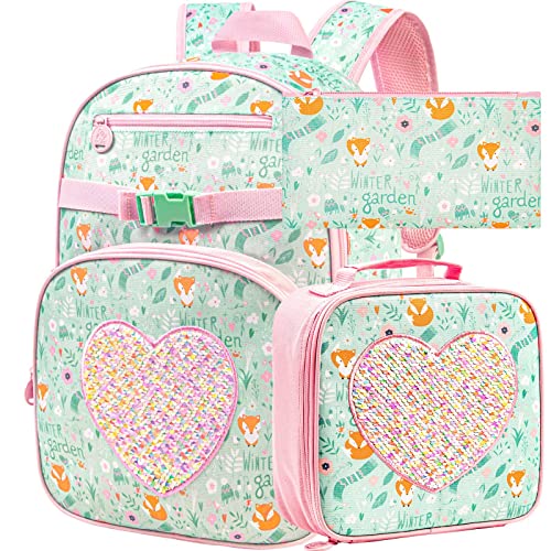 TXHVO 3PCS Kids Backpack for Girls, 16” Preschool Bookbag with Lunch Box, Cute Girl Sequin Backpacks for Elementary School