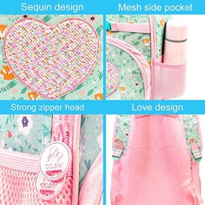 TXHVO 3PCS Kids Backpack for Girls, 16” Preschool Bookbag with Lunch Box, Cute Girl Sequin Backpacks for Elementary School