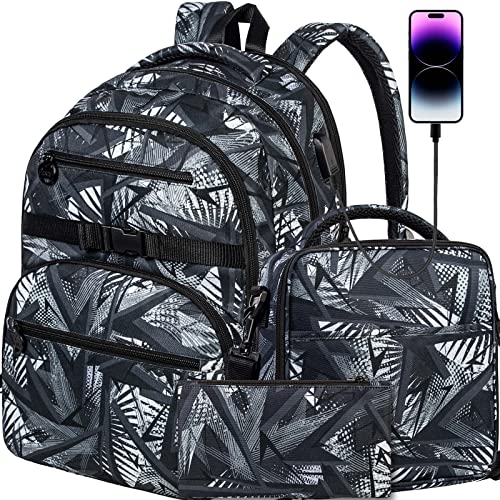 ZLYERT Laptop Backpack, 16 Inch School Bag College Bookbag, Anti Theft Daypack Bags and Lunch Bag Set, Water Resistant Backpacks for Teens Boys Men Students (Black