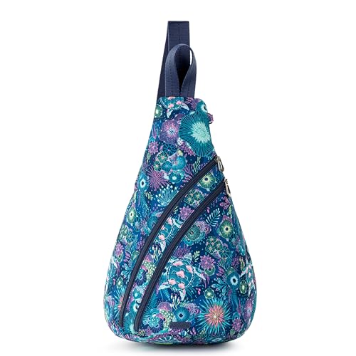 Sakroots On The Go Large Sling Backpack in Eco-Twill, Convertible Crossbody Bag, Royal Blue Seascape