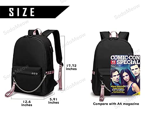 SodaMeow Anime Backpack Bag Nezuko Backpack Tanjiro Kimetsu no Yaiba, Free Keychain, with USB Charging Port (Black-A)…