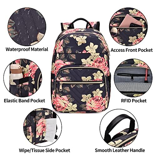 BAGNN 15.6'' Laptop Backpack for Women Travel Backpack for Women Backpack Purse for Women Work Backpack for Women Stitch Backpack With Charger College Backpack Waterproof Canvas Floral Backpack