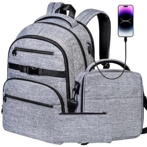 laptop backpack, 16 inch school bag college bookbag, anti theft daypack bags and lunch bag set, water resistant backpacks for teens boys men students - grey