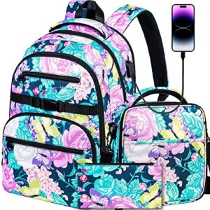 laptop backpack, 16 inch school bag college bookbag, anti theft daypack bags and lunch bag set, water resistant sunflower flowers backpacks for teens girls women students