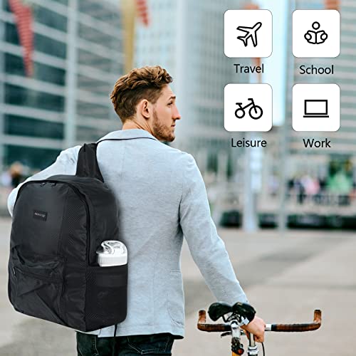 MORECOO Fold-Up Travel Backpack | Derby Black | Everyday Lightweight, Packable Travel Hiking Nylon Daypack | Carry On Luggage Bag with Trolley Sleeve