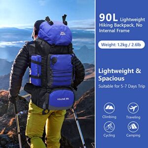 Unineovo 90L Hiking Backpack for Women Men, Waterproof Camping Essentials Bag with Rain Cover, 90 Liter Lightweight Backpacking Back Pack -No Frame (Light Blue)