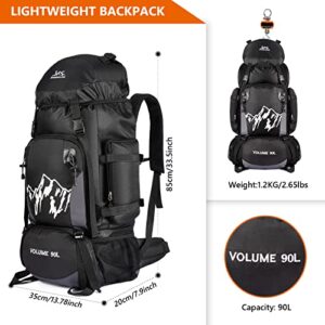 Unineovo 90L Large Capacity Camping Hiking Backpack for Women Men, Rainproof Travel Backpack with Rain Cover for Hiking, Backpacking, Camping and Traveling (Black)