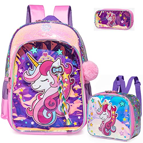 Egchescebo Kids Girls Travel School Teen Girl Preschool Kid Clear 3Pcs Unicorn Braid Backpack with Plush Lunch Box Bags Kids' Backpacks for School Elementary Teenage Gifts Trendy Stuff Toddler Pink