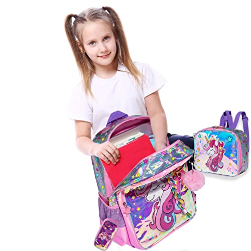 Egchescebo Kids Girls Travel School Teen Girl Preschool Kid Clear 3Pcs Unicorn Braid Backpack with Plush Lunch Box Bags Kids' Backpacks for School Elementary Teenage Gifts Trendy Stuff Toddler Pink