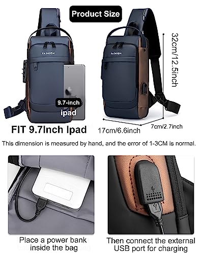 Geanbun Anti-Theft Sling Bag USB Shoulder Bag Crossbody Backpack Waterproof Chest Daypack Lightweight (Blue)