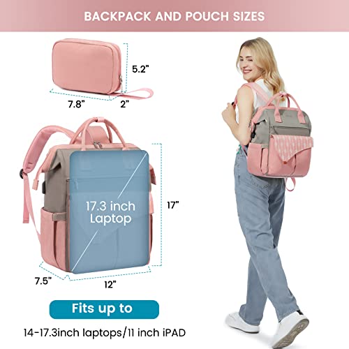 LOVEVOOK Laptop Backpack Purse for Women, 17 Inch Computer Business Stylish Backpacks, Teacher Doctor Nurse Bags for Work, Casual Daypack Backpack with USB Port, 2 Sets, Grey-pink