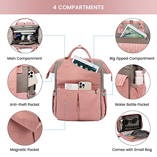 LOVEVOOK Laptop Backpack Purse for Women, 17 Inch Computer Business Stylish Backpacks, Teacher Doctor Nurse Bags for Work, Casual Daypack Backpack with USB Port, 2 Sets, Grey-pink