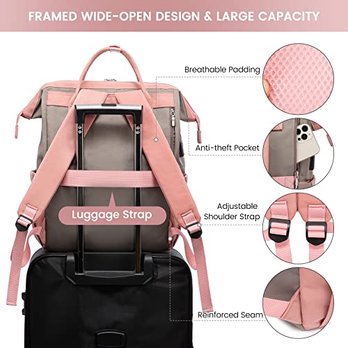 LOVEVOOK Laptop Backpack Purse for Women, 17 Inch Computer Business Stylish Backpacks, Teacher Doctor Nurse Bags for Work, Casual Daypack Backpack with USB Port, 2 Sets, Grey-pink