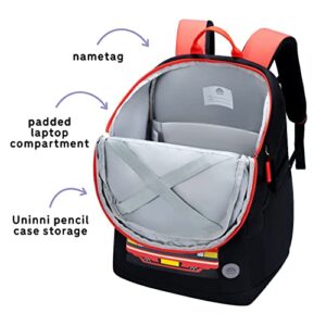 uninni Cute Race Car 16'' Kid’s Backpack for Girls and Boys with Padded, Adjustable Shoulder Straps, Laptop Storage Sleeve, and Storage Pockets for School and Travel, Water-Resistant, BPA Free