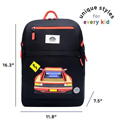 uninni Cute Race Car 16'' Kid’s Backpack for Girls and Boys with Padded, Adjustable Shoulder Straps, Laptop Storage Sleeve, and Storage Pockets for School and Travel, Water-Resistant, BPA Free