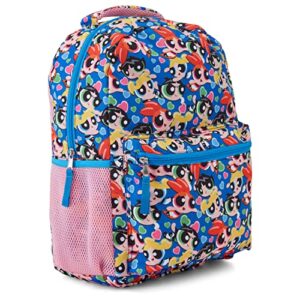powerpuff girls classic allover backpack - mojo jojo, blossom, bubbles and buttercup - officially licensed powerpuff girls school bookbag (pink)