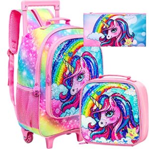 txhvo 3pcs rolling backpack for girls, kids rainbow unicorn bookbag with roller wheels, cute suitcase school bag set for elementary toddler