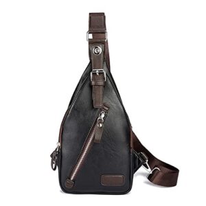ausion leather sling bag purse, mens crossbody chest bag sling backpack casual travel hiking daypack with earphone hole (black)