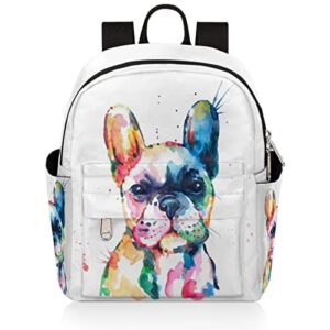 watercolor french bulldog mini backpack purse for women, dog pattern lightweight small backpack casual travel bag daypack for girls children teens adult school backpack