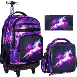 ufndc 3pcs rolling backpack for women, adults unicorn backpacks with wheels for girls，travel roller wheeled bookbag