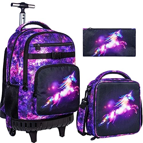 UFNDC 3PCS Rolling Backpack for Women, Adults Unicorn Backpacks with Wheels for Girls，Travel Roller Wheeled Bookbag