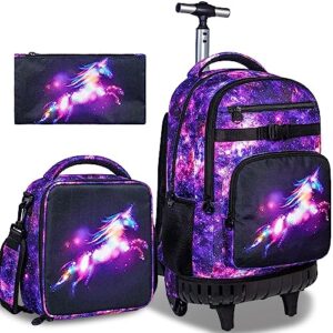 UFNDC 3PCS Rolling Backpack for Women, Adults Unicorn Backpacks with Wheels for Girls，Travel Roller Wheeled Bookbag