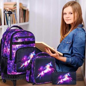 UFNDC 3PCS Rolling Backpack for Women, Adults Unicorn Backpacks with Wheels for Girls，Travel Roller Wheeled Bookbag