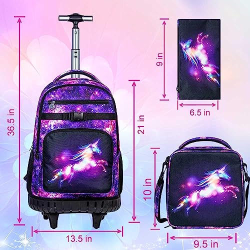 UFNDC 3PCS Rolling Backpack for Women, Adults Unicorn Backpacks with Wheels for Girls，Travel Roller Wheeled Bookbag