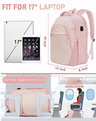 Backpack for Women College, Anti Theft 17 Inch Laptop Backpack with USB Charging Port, Large TSA Water Resistant Airline Approved Lightweight Travel Daypack Cute Nurse Work Weekender Computer Bag,Pink