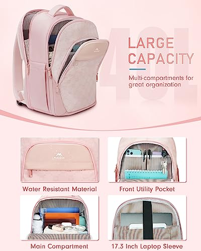 Backpack for Women College, Anti Theft 17 Inch Laptop Backpack with USB Charging Port, Large TSA Water Resistant Airline Approved Lightweight Travel Daypack Cute Nurse Work Weekender Computer Bag,Pink