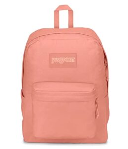 jansport superbreak plus fx backpack - work, travel, or laptop bookbag with water bottle pocket, happy and sad pink