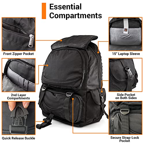 GEARONIC Travel Backpack Fits 15.6 inch Laptops, Rucksack Knapsack Weight Support for Men and Women, Water-Resistant, Anti-Theft, Durable, Backpack for College, Business Travel-Black