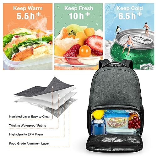 Ocraho Lunch Bag Backpack Insulated Cooler Lunch Box Backpack,Travel Laptop Backpack with USB Port for Women Men Fits 15.6 Inch Laptop （Gray-2）