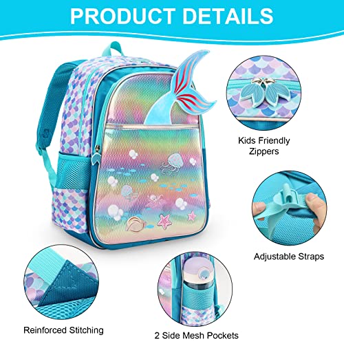 IQOVEO School Backpack for Girls, 16" Sequin Mermaid Kids Backpack Girls Elementary School, Lightweight Waterproof Toddler Backpacks with Adjustable Padded Straps
