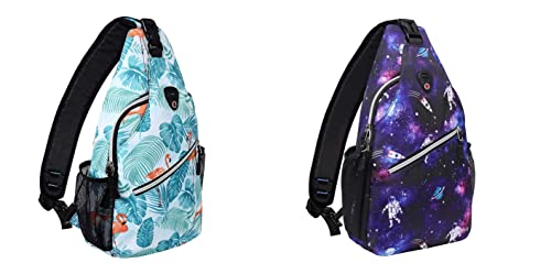 MOSISO Sling Backpack,Travel Hiking Daypack Pattern Rope Crossbody Shoulder Bag, Flamingo&Spacewalking Astronauts