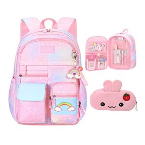 kawaii backpack pink girls backpack starry rainbow bookbag cute fashion backpack laptop travel bag (pink-16.5in)