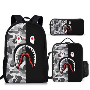 Ceosmch 3PCS Shark Kids Adjustable Shoulder Straps Backpack,Large Capacity School Bag,Camo Travel laptop Backpack,Durable Lunch Box,Ideal for Fans Gifts Style1