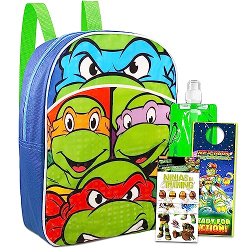 Teenage Mutant Ninja Turtles Mini Backpack for Kids Set - Bundle with 11" TMNT Backpack, Stickers, Water Pouch, More | TMNT Backpack Preschool