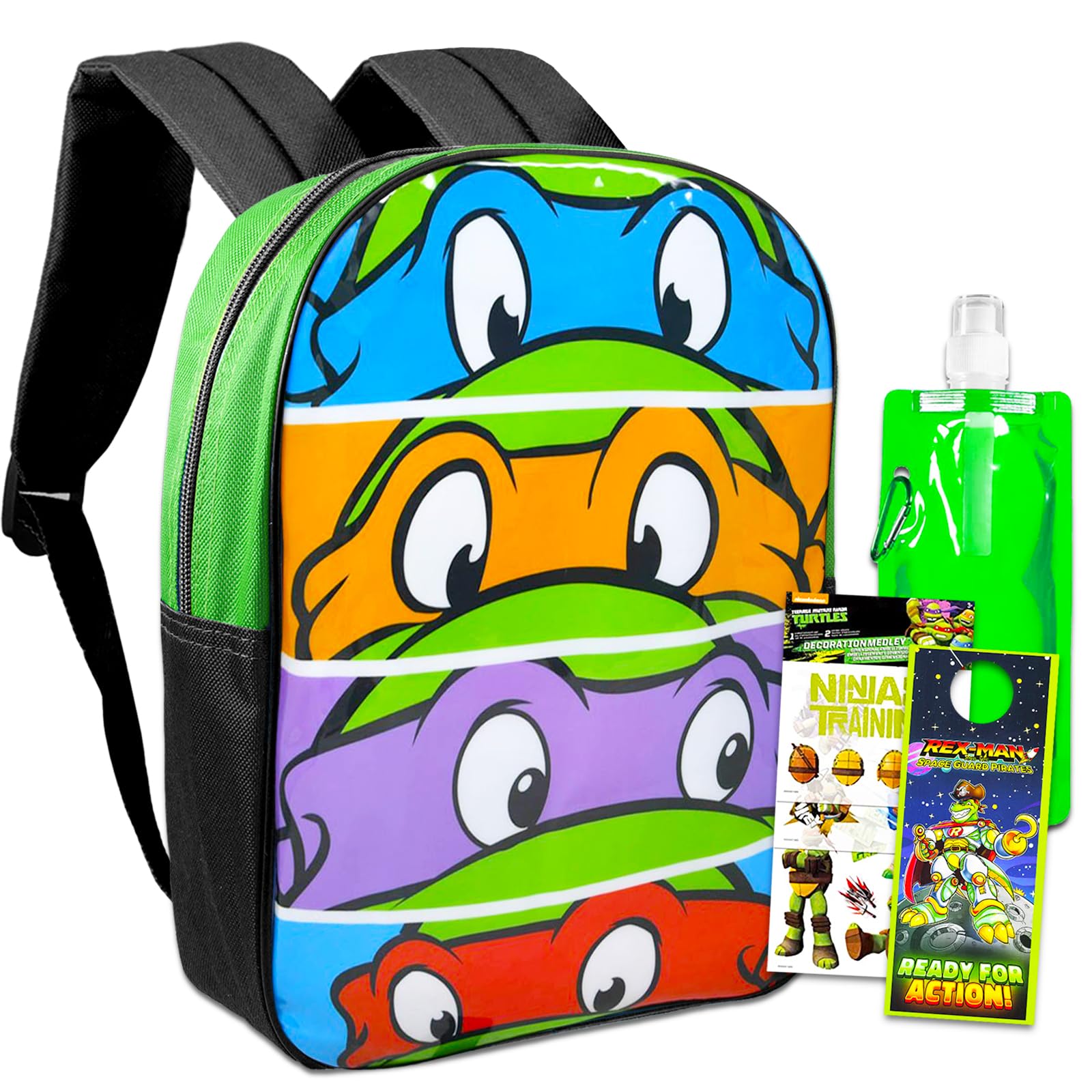 TMNT Backpack for Boys - Bundle with 15” Teenage Mutant Ninja Turtles Backpack Kids, Water Pouch, Stickers, More | TMNT School Supplies for Boys 4-8