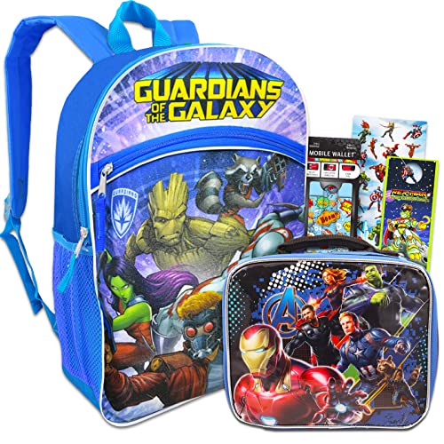 Guardians of the Galaxy Backpack with Avengers Lunch Box Set - Marvel School Bag Bundle with 16” Guardians of the Galaxy Backpack, Avengers Lunch Bag, Stickers, More | Marvel Backpack for Boys