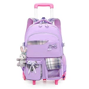 gloomall cute rolling backpack school girls boys, lightweight trolley travel bag with 6 wheels classic roller luggage (purple bow)