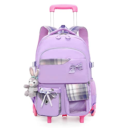 GLOOMALL Cute Rolling Backpack School Girls Boys, Lightweight Trolley Travel Bag with 6 Wheels Classic Roller Luggage (Purple bow)