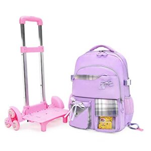 GLOOMALL Cute Rolling Backpack School Girls Boys, Lightweight Trolley Travel Bag with 6 Wheels Classic Roller Luggage (Purple bow)