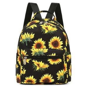 lsnoyrd sunflower mini backpack purse, women teen girl teenager 13 inch black floral flower cute kawaii purse, medium size nylon small backpack bookbag travel shoulder back pack with side pocket
