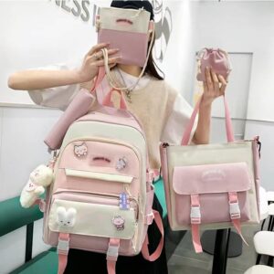 GGWIEAEA 5PCS Kawaii Backpack Set with Cute Pendant Waterproof College Style Suitable for Teenage Girls