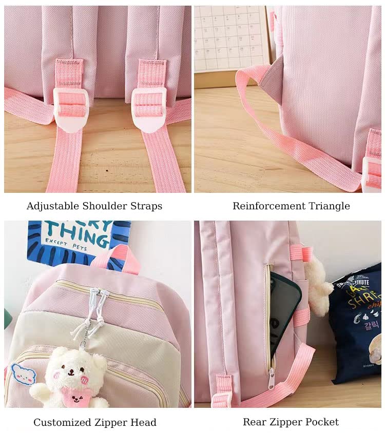 GGWIEAEA 5PCS Kawaii Backpack Set with Cute Pendant Waterproof College Style Suitable for Teenage Girls